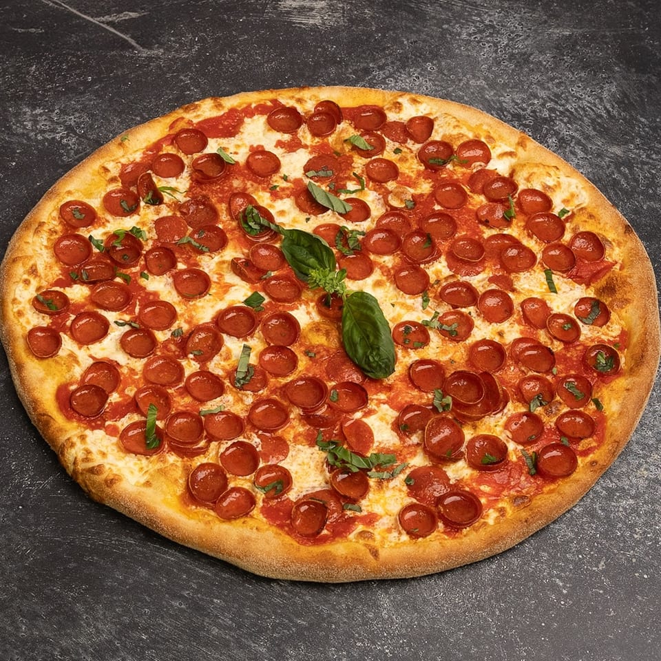 Rocco's Pizza pepperoni pizza with fresh basil leaves on a dark gray surface.